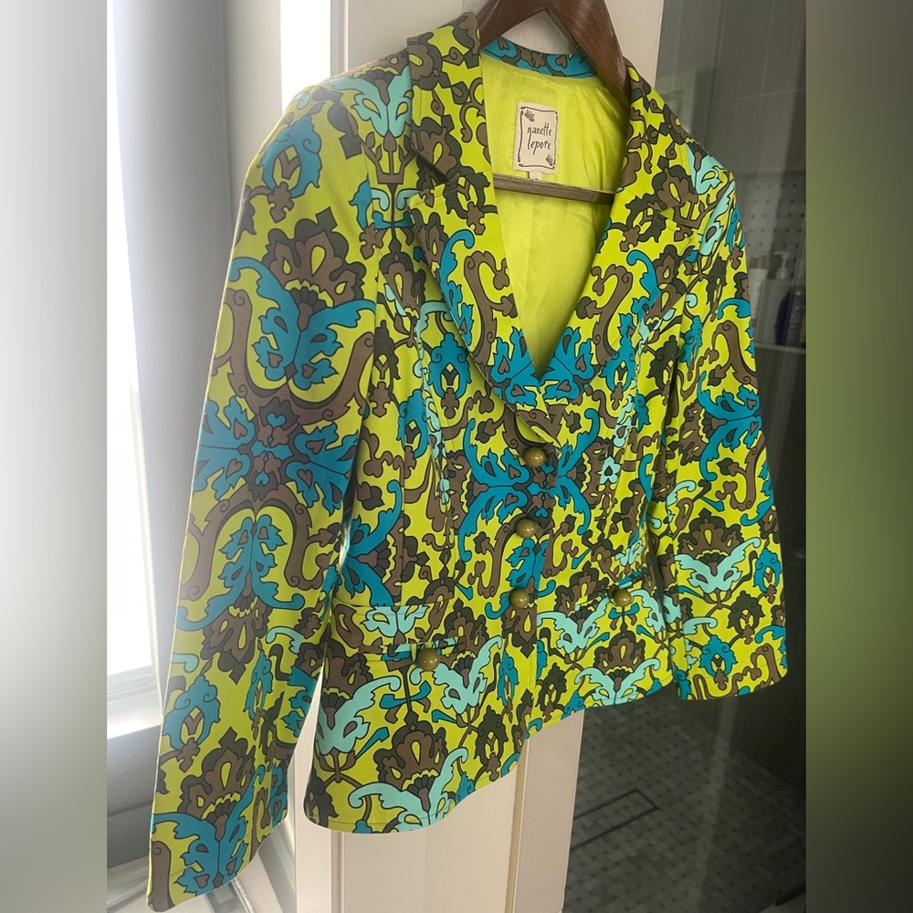 Nanette Lapore cotton blazer. Vibrant Pattern turquoise green
